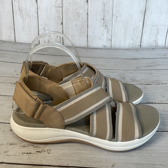 Clarks Mira Lily Tan, Gray and White Elastic Open Toe Sling Back Velcro Sandals - Picture 8 of 13